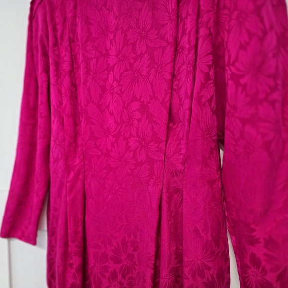 Adrianna Papell Vintage 80s Floral Silk Button Down Dress in Neon Hot Pink